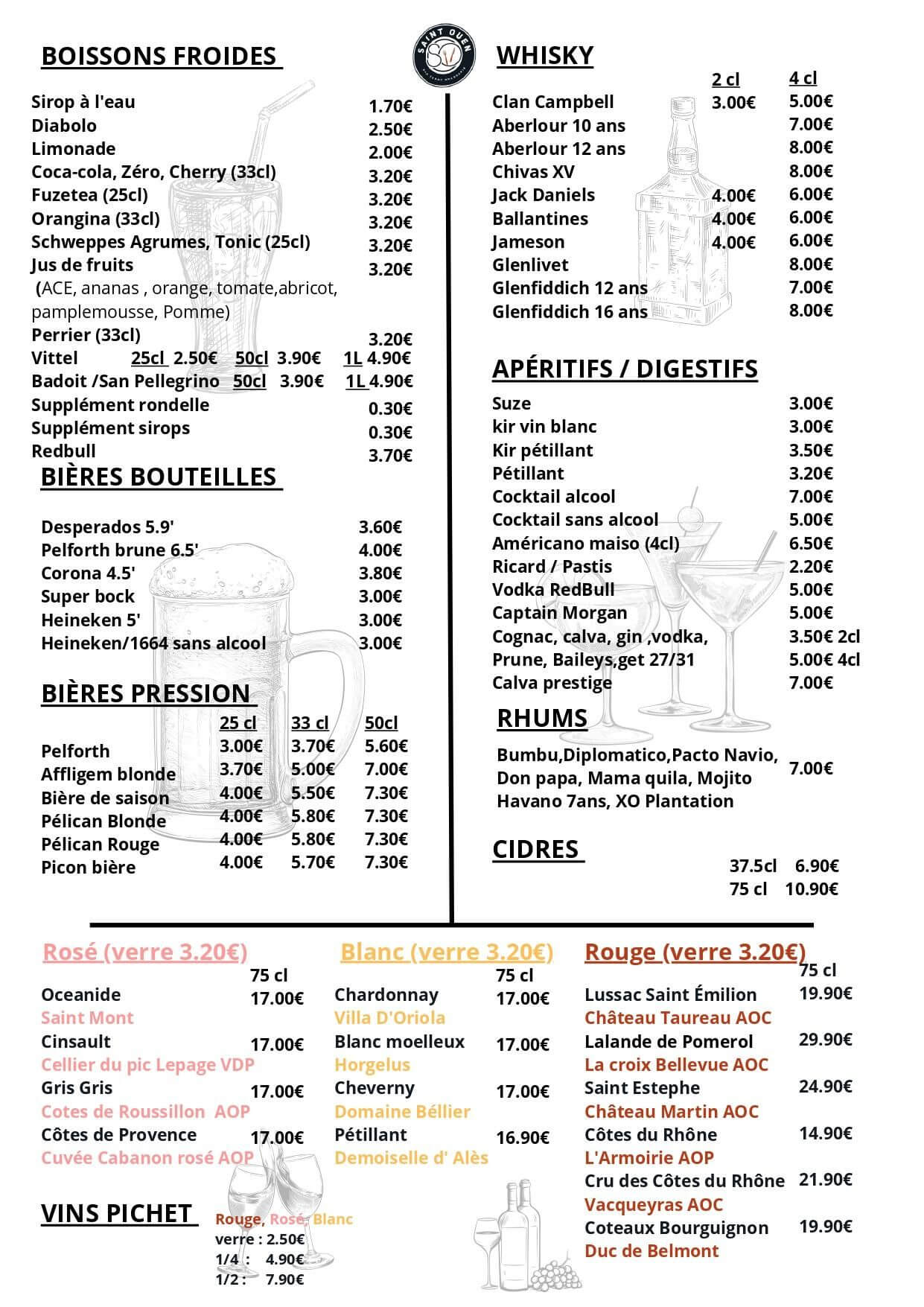 Carte des vins de la Brasserie Le Saint Ouen