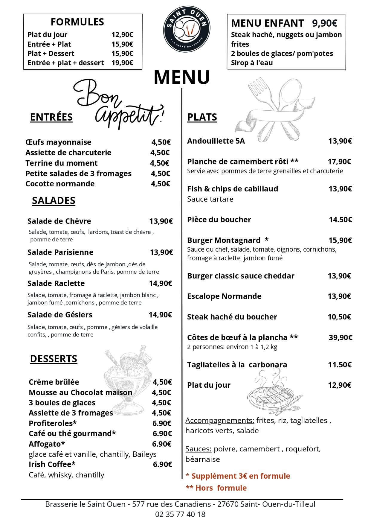 Menu de la Brasserie Le Saint Ouen